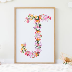 Arte inicial de pared digital, impresión de letra J, letra imprimible J, letra floral J, alfabeto del bosque, descarga instantánea, descarga digital
