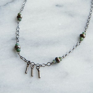 Freshwater Pearls, Moss Agate Necklace, Gunmetal Chain