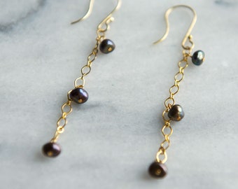 Natural Pearls, Long, Gold Chain Earrings