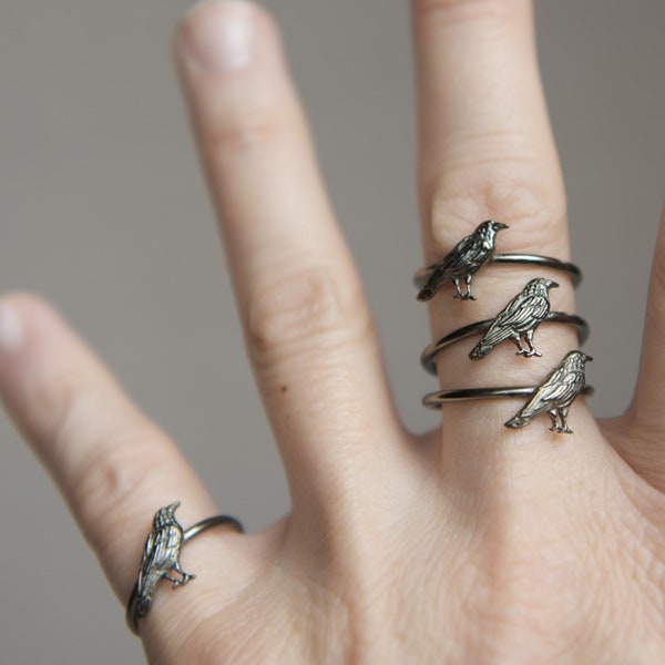 Crow Raven Ring Sterling Silver Rhodium Plated