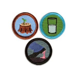 May include: Three circular embroidered patches. One features a brown tree stump with a green sprout on a light blue background. Another shows a glass of white milk on a green background. The third depicts a black shoe stepping in pink gum.