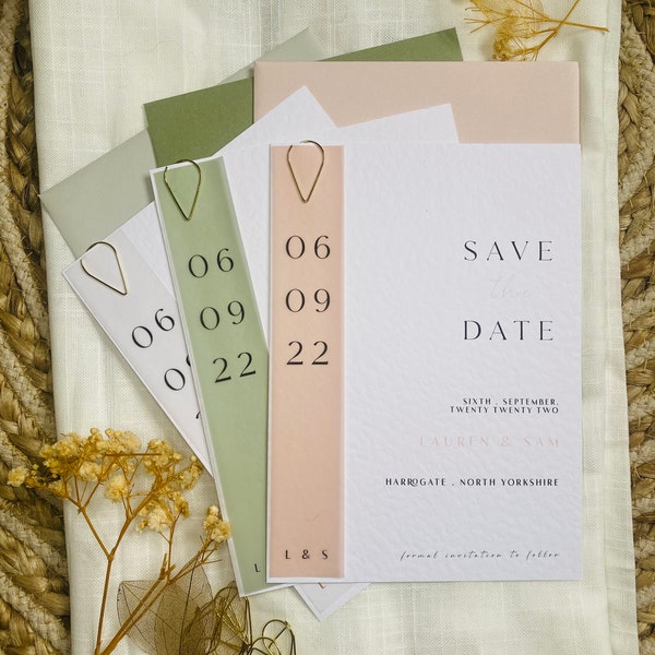 Personalised Modern Save The Date Cards, Elegant And Simple, Bespoke Wedding Stationery, Classic, Blush Pink, Sage Design