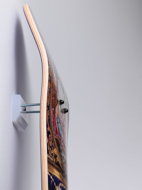 Skateboard Wall Mount, skateboard hanger, skateboard wall art, skateboard rack, floating deck mount, skateboard deck. Clear White Floating