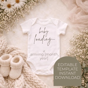 May include: A white baby onesie with the text "baby loading..." and "arriving [month, year]" in a script font. The onesie is surrounded by baby booties, flowers, and a blanket. The image also includes a graphic that says "EDITABLE TEMPLATE INSTANT DOWNLOAD."