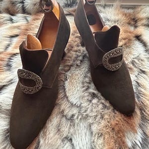 Antique Womens Edwardian Brown Suede Shoes Marcasite Buckle