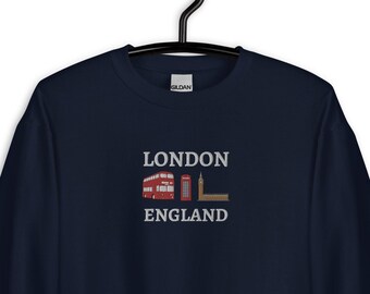 London Embroidered Sweatshirt, London England, British, Great Britain, Outdoor Apparel, Embroidery, Embroidered Sweatshirt, Big Ben, Bus