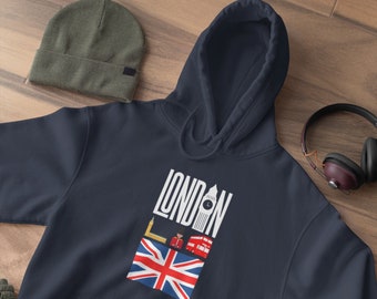 London Hoodie with Big Ben & Red Bus Graphic, British Flag Travel Sweatshirt, Cozy UK Souvenir Gift