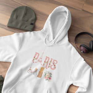 Paris, France, Paris Hoodie, France Hoodie, French, French Culture, Eiffel, Sweats, Sweatshirt, Fleece, Floral, Flowers, Pink Design