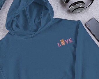 Embroidered Teddy Bear Hoodie, Valentines Day Hoodie, Teddy Bear Hoodie, Gift for Girlfriend, Love Sweatshirt, Romantic Gift for Wife