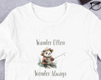 Bonita camiseta de panda "Wander Sometimes Wonder Always", camiseta gráfica con cita de viaje caprichosa