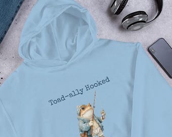 Sudadera con capucha divertida de rana pescando, diseño de juego de palabras con anzuelo de sapo, suéter acogedor de estilo cottagecore