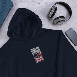 London Embroidered Hoodie, Perfect Gift for London Lovers, England, UK, United Kingdom, Great Britain, London Flag Sweatshirt, Outdoor Wear
