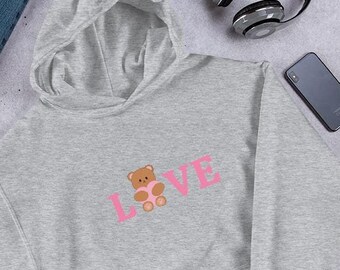 Teddy Bear Hoodie, Embroidered Valentines Day Hoodie, Love Sweatshirt, Valentine Pullover, Love Hoodie, Gift for Girlfriend, Gift for Wife