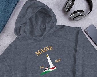 Cozy Maine Lighthouse Hoodie, Perfect Gift for Maine Lovers, Nautical Maine Lighthouse Hoodie, Maine Lighthouse Pullover Hoodie