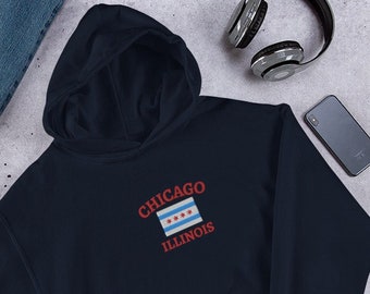 Chicago Embroidered Hoodie, Chicago, Illinois, Chicago Flag, Chicago Hoodie, Chicago Gift, Chicago Sweatshirt