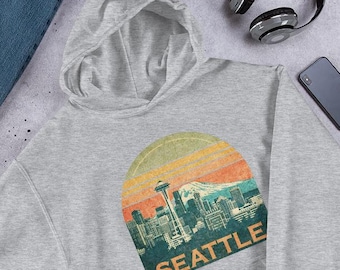 Seattle Retro Hoodie, Vintage Seattle Skyline Sweatshirt, PNW Hoodie, Grunge Aesthetic Mountain Hoodie