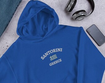Sudadera con capucha bordada de Santorini, Santorini, Grecia, bandera griega, sudadera con capucha de Grecia, ropa de exterior, bordado, sudadera bordada