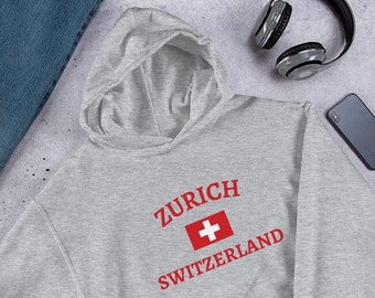 Sudadera con capucha de Zurich, diseño suizo elegante y cálido, sudadera con capucha suiza, Suiza, sudadera con bandera suiza, ropa acogedora de la ciudad suiza