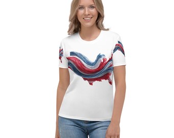 Camiseta con el mapa de EE. UU. para mujer, diseño patriótico estadounidense, rojo, blanco y azul, moderna camiseta de EE. UU. en rojo, blanco y azul.