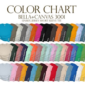 May include: Color chart for Bella + Canvas 3001 unisex jersey short sleeve t-shirts. The chart shows 36 different colors, including aqua, army, asphalt, autumn, berry, black heather, black, brown, burnt orange, dark grey heather, forest, gold, heather deep teal, heather forest, heather midnight navy, heather orange, heather orchid, heather raspberry, heather true royal, kelly, leaf, mauve, midnight navy, mustard, navy, ocean blue, olive, oxblood black, red, silver, slate blue, true royal, white, yellow.