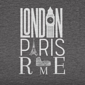 May include: White text on a gray background spelling out "LONDON PARIS ROME" with iconic landmarks from each city incorporated into the letters.