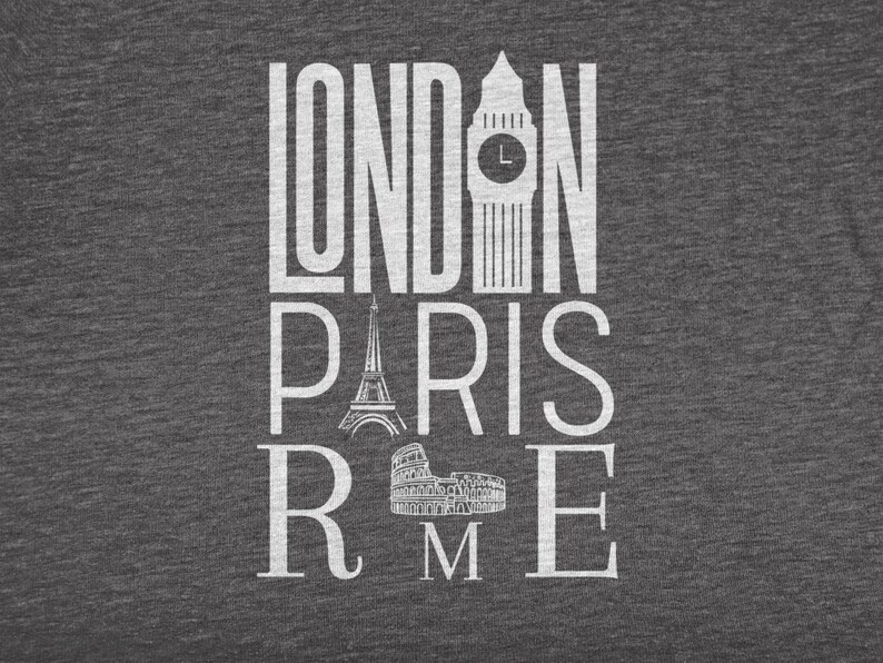 May include: White text on a gray background spelling out "LONDON PARIS ROME" with iconic landmarks from each city incorporated into the letters.