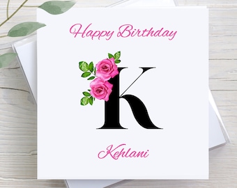 Personalized Birthday Card, Custom Name, Floral Initial