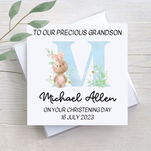 Personalized Grandson Christening Card: Bunny Initial Design