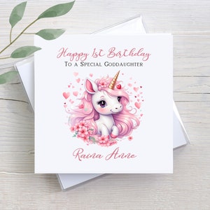 Personalized Goddaughter 1st Birthday Card: Unicorn Design