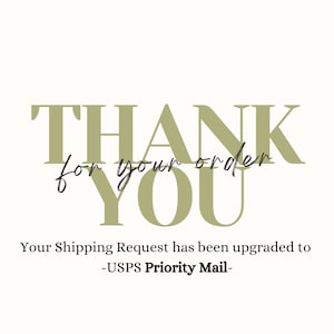 Può includere: Grafica digitale con le parole "THANK YOU" in un grande font verde oliva. La frase "for your order" è scritta in corsivo. Sotto, il testo indica "Your Shipping Request has been upgraded to -USPS Priority Mail-".
