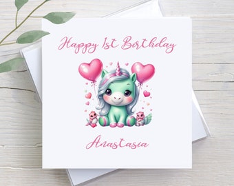 Personalized 1st Birthday Card, Unicorn Theme, Girl Birthday