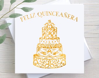 Custom Quinceañera Card, Gold Foil Cake, 15th Birthday Gift
