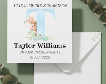 Personalized Grandson Christening Card: Bunny Initial Design