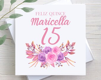 Custom Floral Quinceanera Card, Personalized 15th Birthday Gift