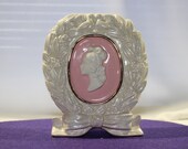 vintage pearlescent white vase with pink inset cameo
