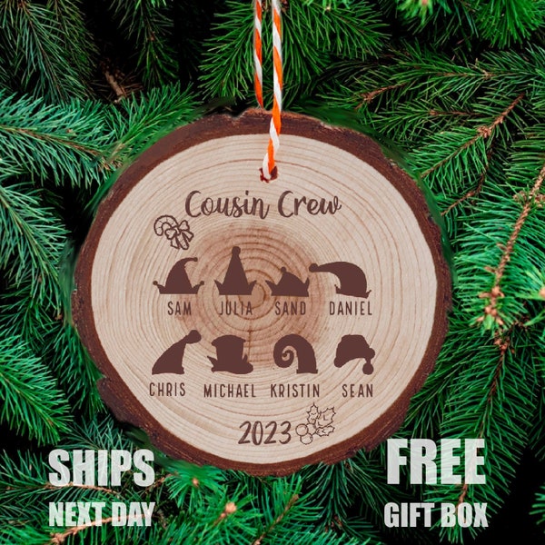 Personalized Cousin Ornament, Cousin Crew Custom Christmas Elf Santa Hat Family Ornament, Siblings Christmas Bauble, Best Cousin Wooden Gift