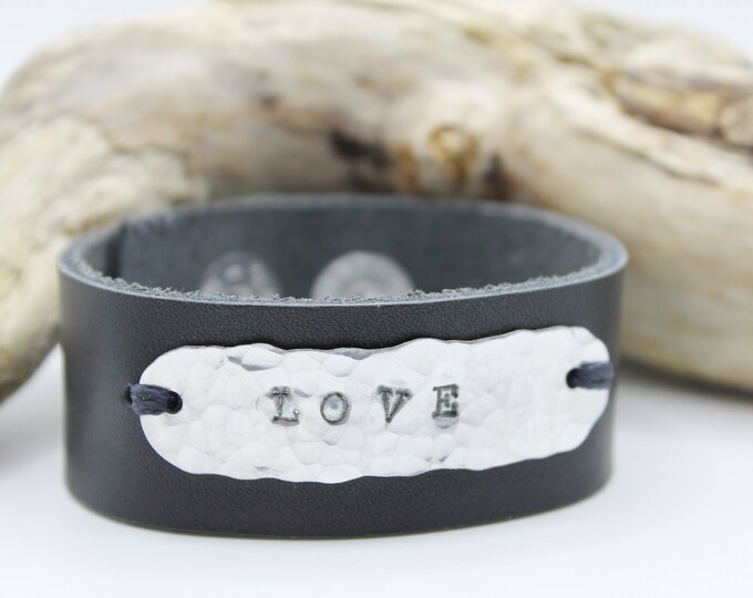 Leather and stamped "Love" Cuff Bracelet