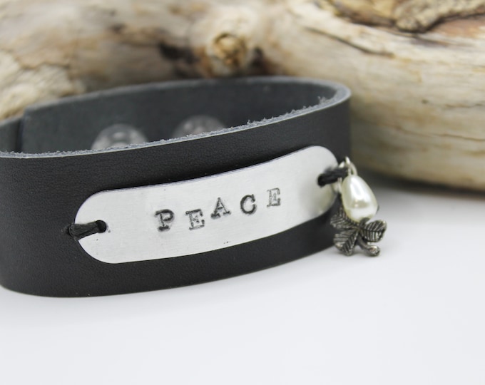 Leather and stamped "Peace" Cuff Bracelet