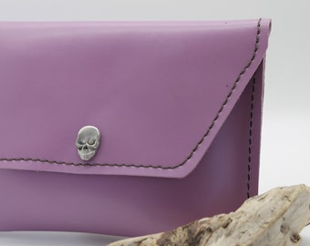 Pink Leather Clutch with Skull Snap