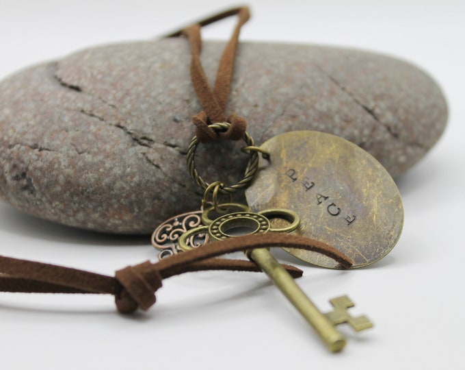 Hand Stamped Bronze Peace Necklace with Key