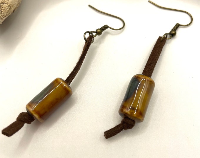 Genuine Leather and bead drop Earrings