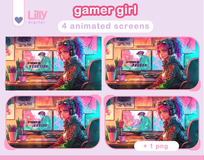 5 Stream Screens Animated "gamer Girl" Anime Street Art Style Grunge ...