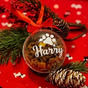 Personalised christmas pet bauble filled with treats for any animal