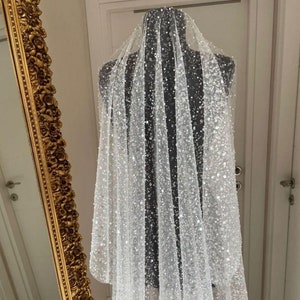 shimmer Sequin wedding  veil, Pearly bridal veil, Glitter sequin wedding veil, silver glitter veil Cathedral veil,bridal veil with pearls