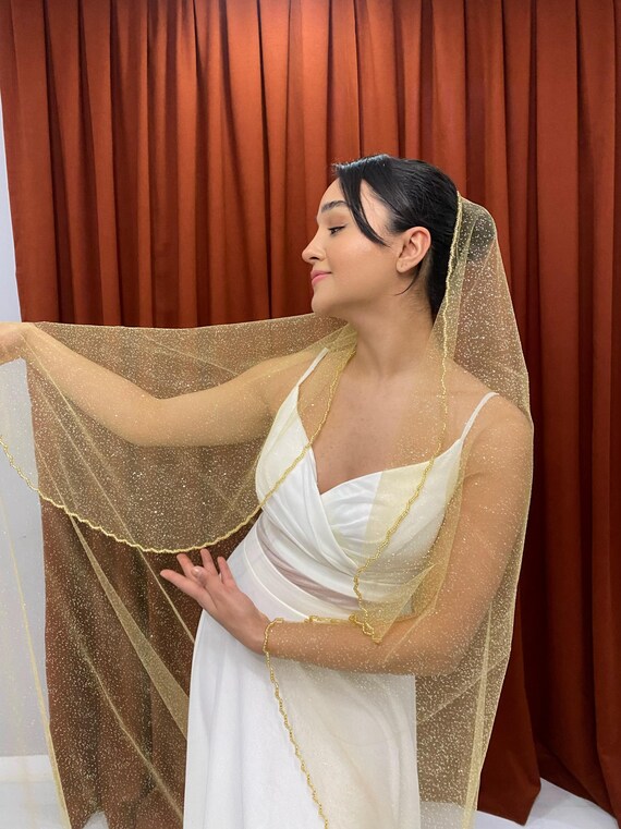 Bridal Gold Glittering Veil Chapel Length Gold Glitter Tulle Wedding Veil, Chapel, Cathedral Length - Etsy main image 2