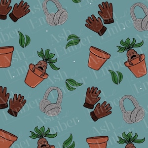 May include: A repeating pattern on a dusty blue background featuring brown gardening gloves, grey fuzzy earmuffs, terracotta flower pots, and small green leaves. Each pot contains a small, crying mandrake plant with green leafy tops.