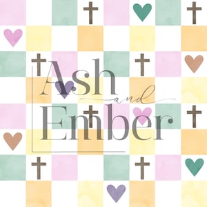 May include: A watercolor checkered background with pastel colors and a handwritten inscription that reads "Ash and Ember". The inscription is surrounded by crosses and hearts.