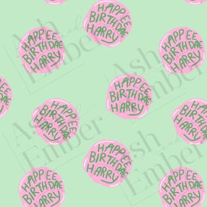 May include: A repeating pattern of pink bubble-shaped designs with the text "HAPPEE BIRTH DAE HARRY" in green lettering on a light green background. The design is a whimsical and festive birthday theme.