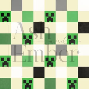 May include: A green, black, and white checkered pattern with a repeating image of a green Minecraft Creeper character.