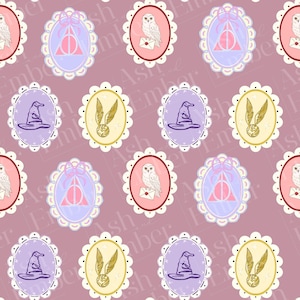 May include: A repeating pattern featuring oval frames with various designs. The frames are in pink, yellow, and purple, with white scalloped edges. The designs include an owl with a letter, a sorting hat, a golden snitch, and a Deathly Hallows symbol.